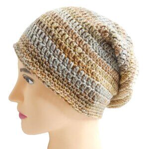Brown Gray Stripe Slouch OS Pastel Hat Long Beanie Handmade Crochet Knit NWT